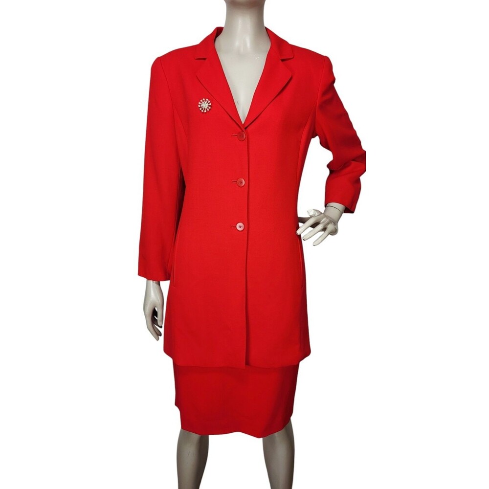VTG 80s Linda Allard Ellen Tracy 100% Wool Long Blazer & Pencil Skirt Set Brooch